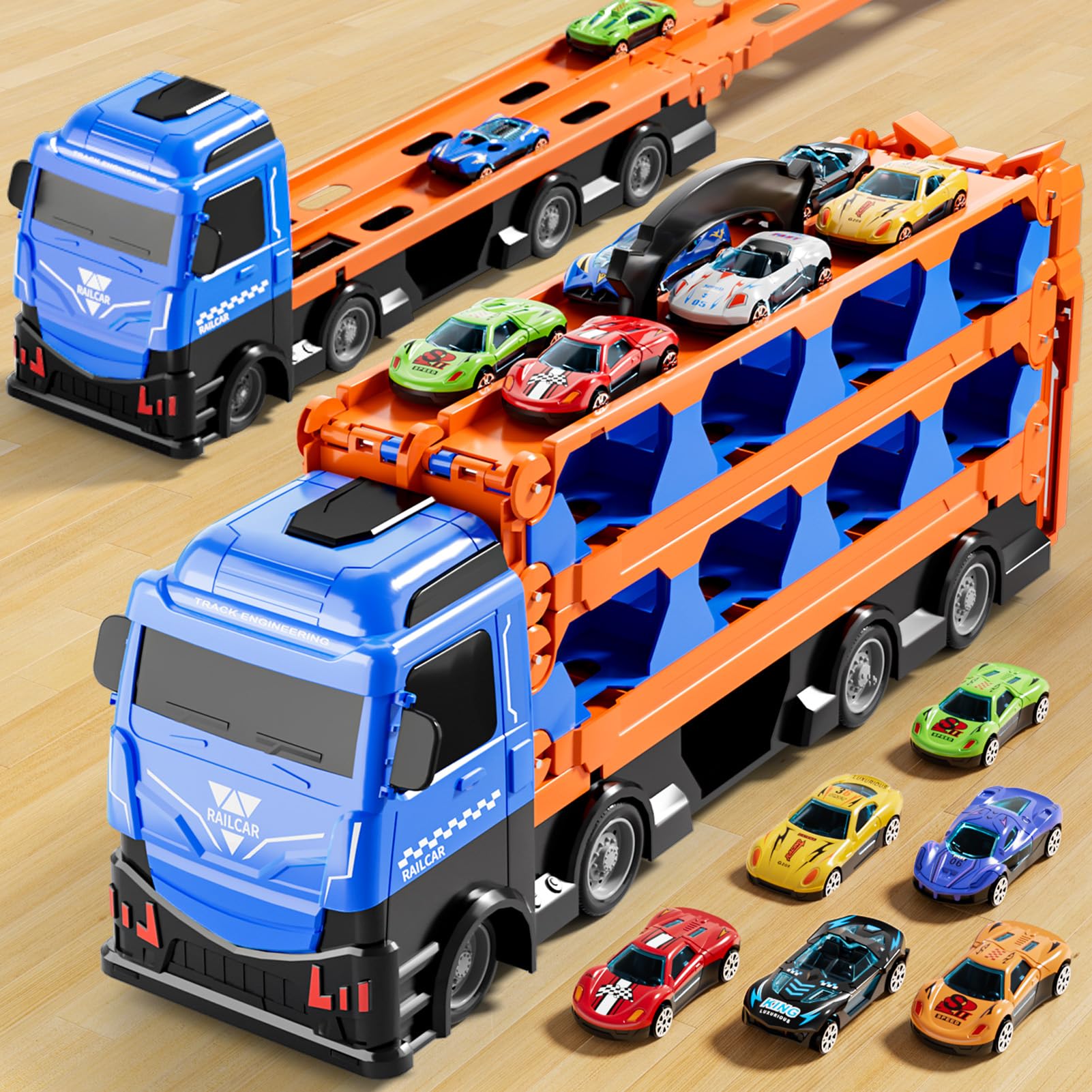 iHaHa Toddler Toys for 3 4 5 6 Years Old Boys, Die-Cast Transport Truck Car Toys 6-Inch Race Track for Boys Kids, Toddler Car Toys Track Set for Kids Boys Girls