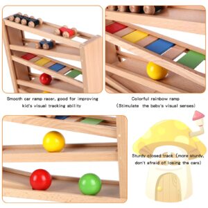 Qilay Wooden Race Track Car Ramp Racer Toy for Toddlers, 5 Level Race Car Ramp Toy Set includes 4 Wood Cars and 3 Balls,Great Building Learning Toys or 3+ Years Old Boy and Girl