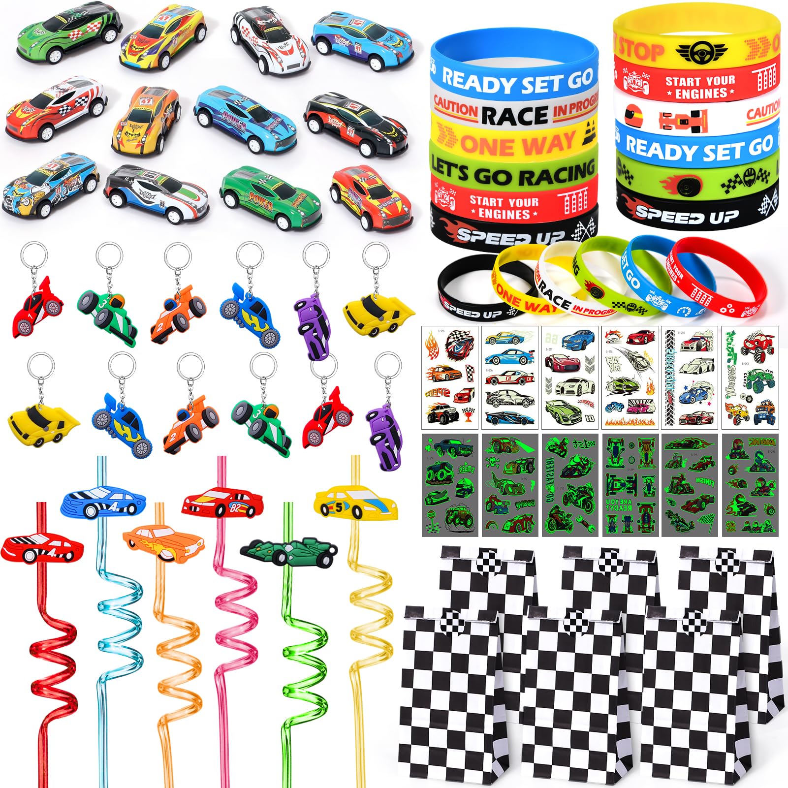 Winrayk Race Car Party Favors Birthday Supplies Drinking Straw Checkered Bag Mini Pull Back Car Bracelet Luminous Tattoo Sticker Keychain Racing Games Boys Kid Race Car Pinata Filler Goody Bag Stuffer