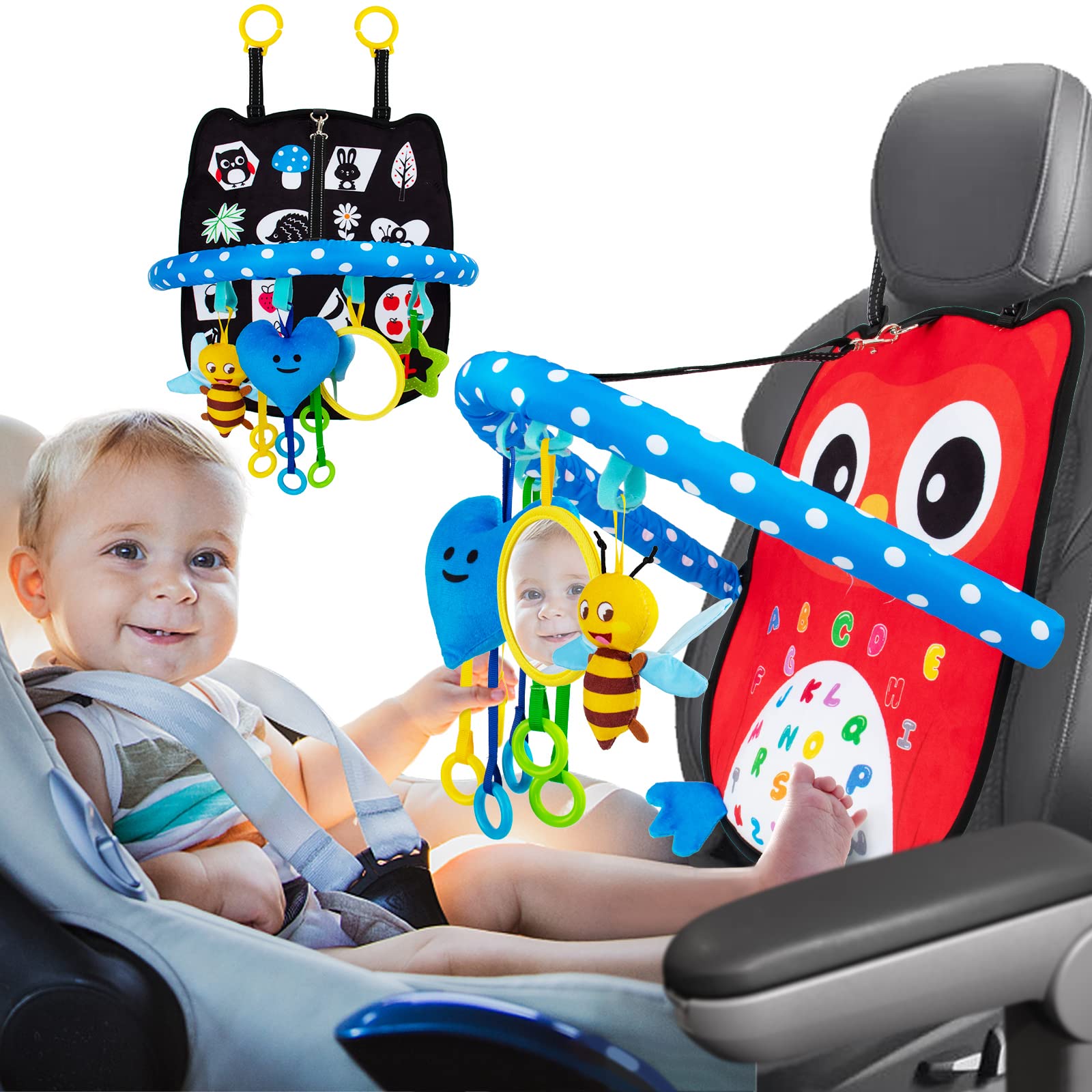 teytoy Baby Car Toys Rear Facing, Adjustable Car Seat Toys Double Sided Car Seat Toys for Babies 6-12 Months with Mirror, Teether, Sensory Pull String Toy and Squeakers, Baby Car Toys Travel Toys