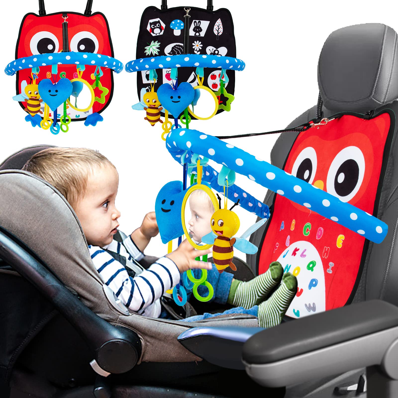 teytoy Baby Car Toys Rear Facing, Adjustable Car Seat Toys Double Sided Car Seat Toys for Babies 6-12 Months with Mirror, Teether, Sensory Pull String Toy and Squeakers, Baby Car Toys Travel Toys