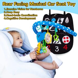 teytoy Baby Car Toys Rear Facing, Adjustable Car Seat Toys Double Sided Car Seat Toys for Babies 6-12 Months with Mirror, Teether, Sensory Pull String Toy and Squeakers, Baby Car Toys Travel Toys