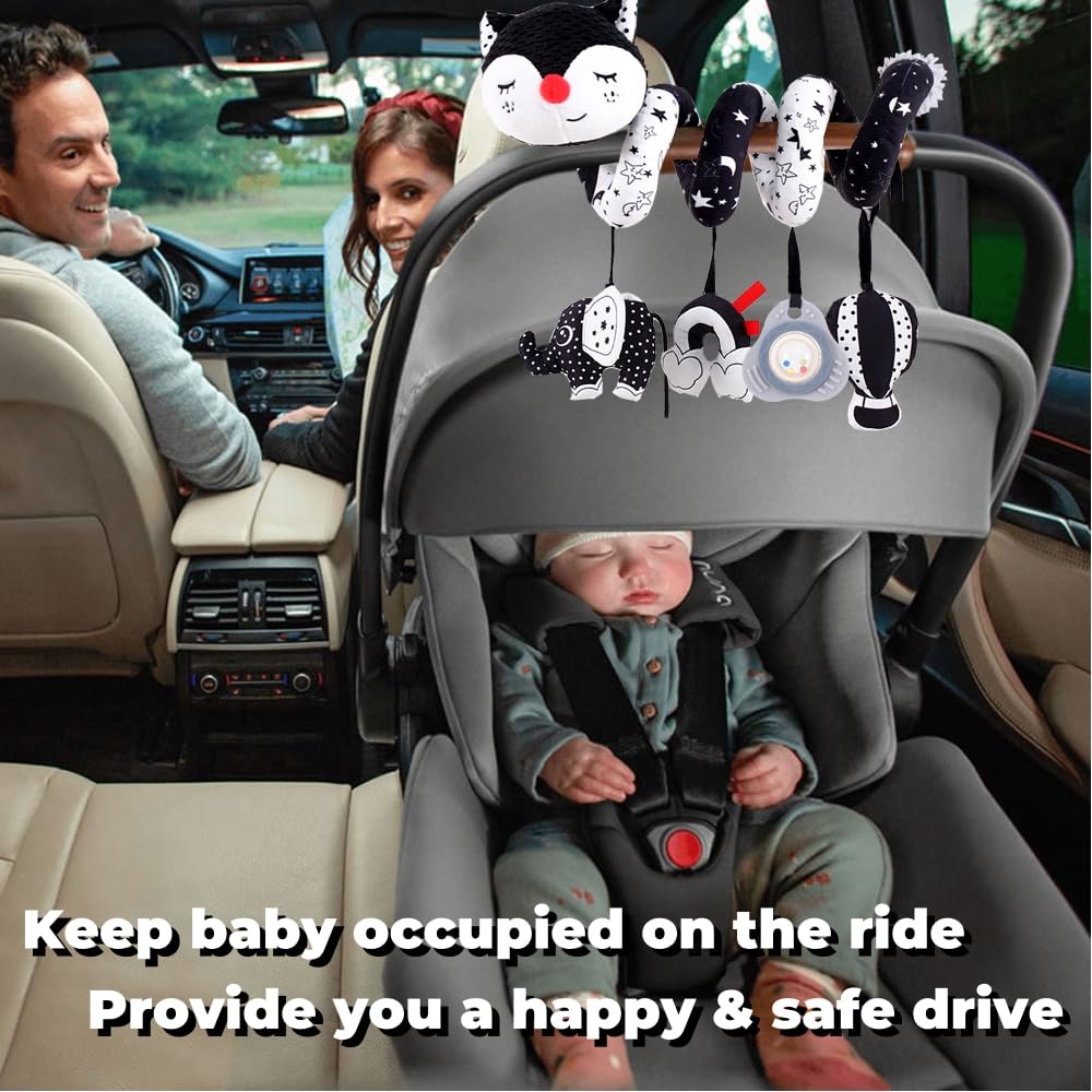 Car Seat Toys for Infants 0-6 Months, High Contrast Baby Toys Black and White Hanging Baby Carseat Toys Stroller Toys 3-6 Months Newborn Developmental Toys 0-3-6-12 Months with Music Rattles