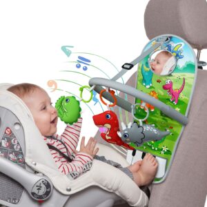 unih car seat toys for baby infant 6 months and up, pedal piano adjustable carseat toys with music, baby mirror and hanging squeaky sensory soft baby toys 6 to 12 months