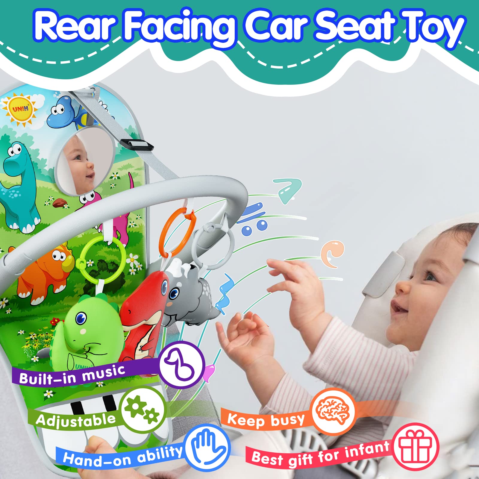 UNIH Car Seat Toys for Baby Infant 6 Months and Up, Pedal Piano Adjustable Carseat Toys with Music, Baby Mirror and Hanging Squeaky Sensory Soft Baby Toys 6 to 12 Months