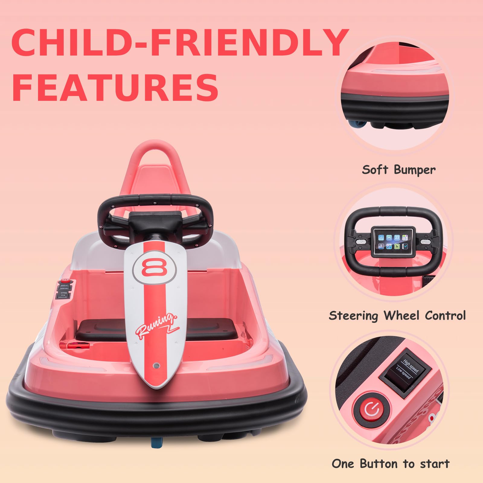 Bumper Car for Toddlers, GAOMON New Designed 6V Electric Ride On Toys for Kids 1.5-6 Years, w/Steering Wheel, 360 Degree Spin, 2-Speeds, Lights, Music & Horn, Safety Belts, Best for Birthday, Pink