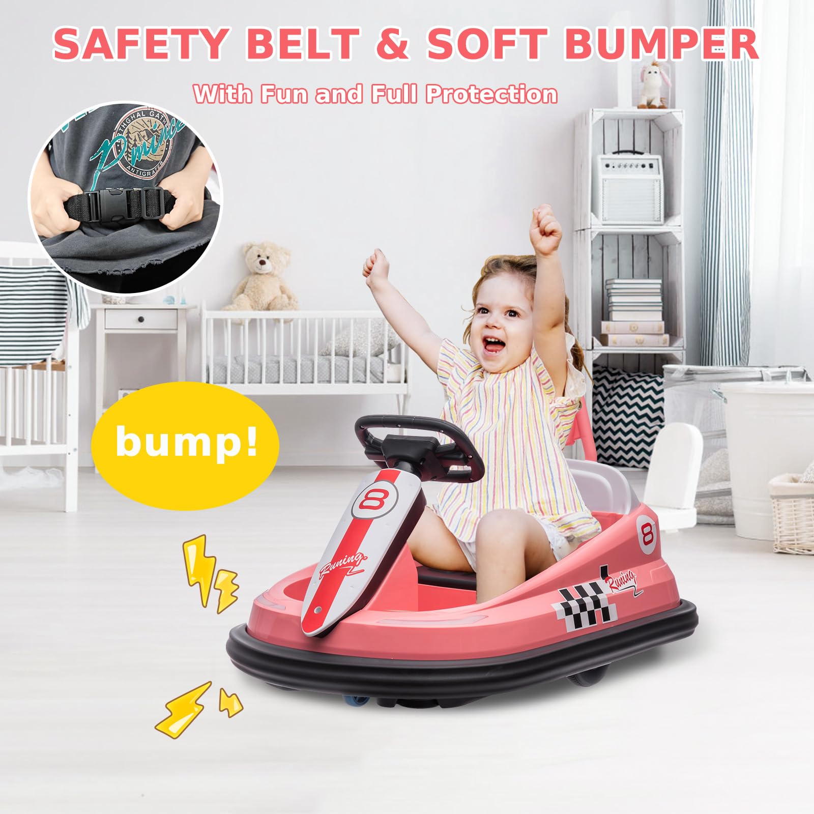 Bumper Car for Toddlers, GAOMON New Designed 6V Electric Ride On Toys for Kids 1.5-6 Years, w/Steering Wheel, 360 Degree Spin, 2-Speeds, Lights, Music & Horn, Safety Belts, Best for Birthday, Pink