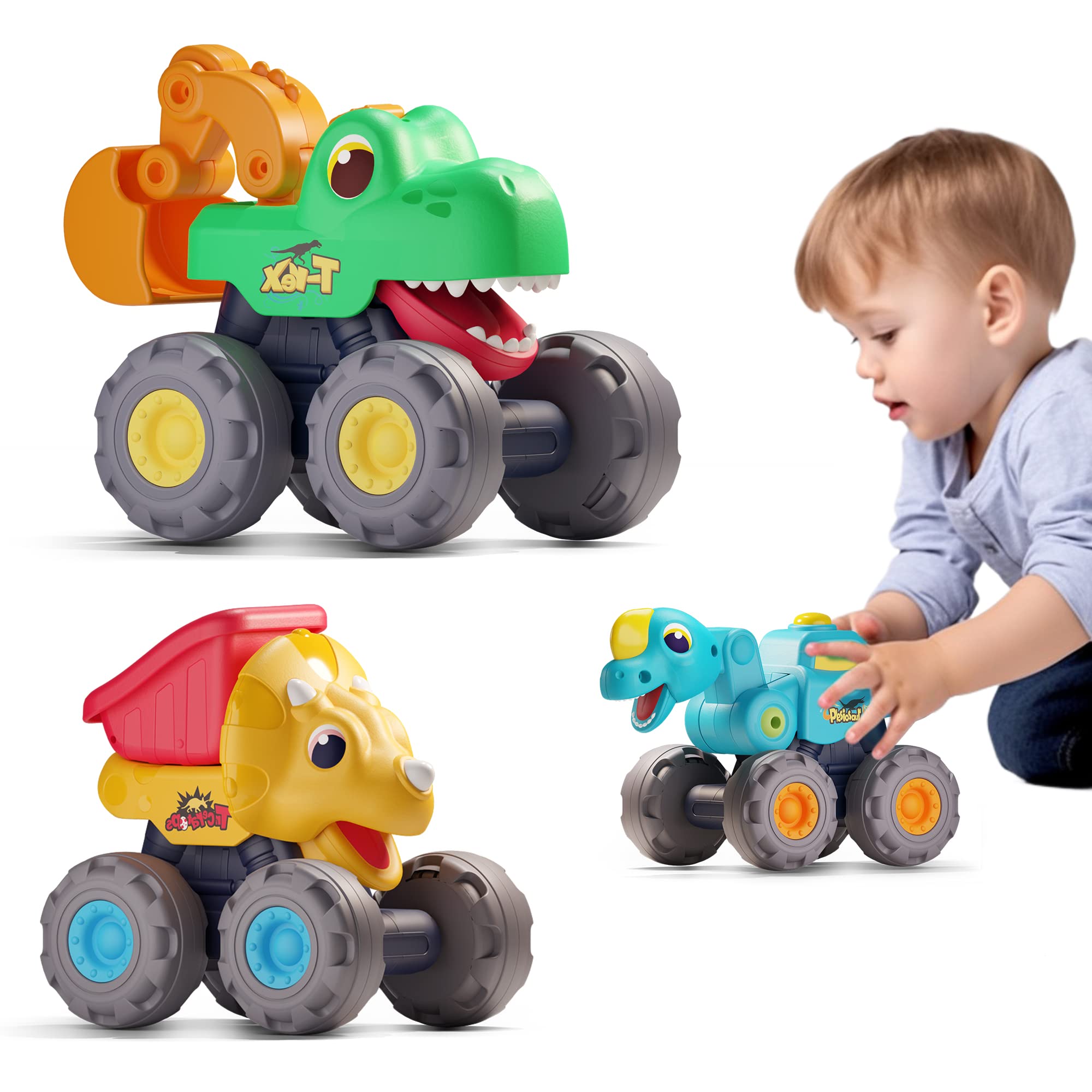 iPlay, iLearn Toddler Dinosaur Monster Truck Toys, Baby Pull Back Toy Cars for 1 2 3 Year Old Boys, Big Dino Construction Vehicles Excavator Dump Truck, Cool Birthday Gifts for 12 18 24 Month Kids