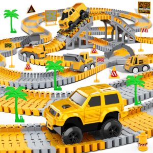 kids toys 253 pcs construction race tracks toy for 3 4 5 6 7 8 year old boys girls, 5 pcs construction truck car and flexible track play set create a engineering road games toddler toys birthday gifts