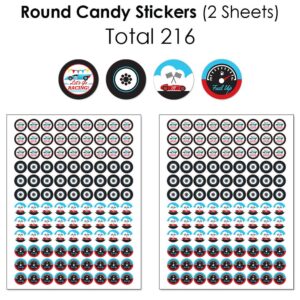 Big Dot of Happiness Let’s Go Racing - Racecar - Mini Candy Bar Wrappers, Round Candy Stickers and Circle Stickers - Race Car Birthday Party or Baby Shower Candy Favor Sticker Kit - 304 Pieces