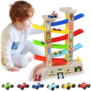 montessori toys for 2 3 year old boys toddlers, car ramp toys with 6 cars & race tracks, garages and parking lots, ramp racer toy gift for boys girls age 18 months and up, multicolor