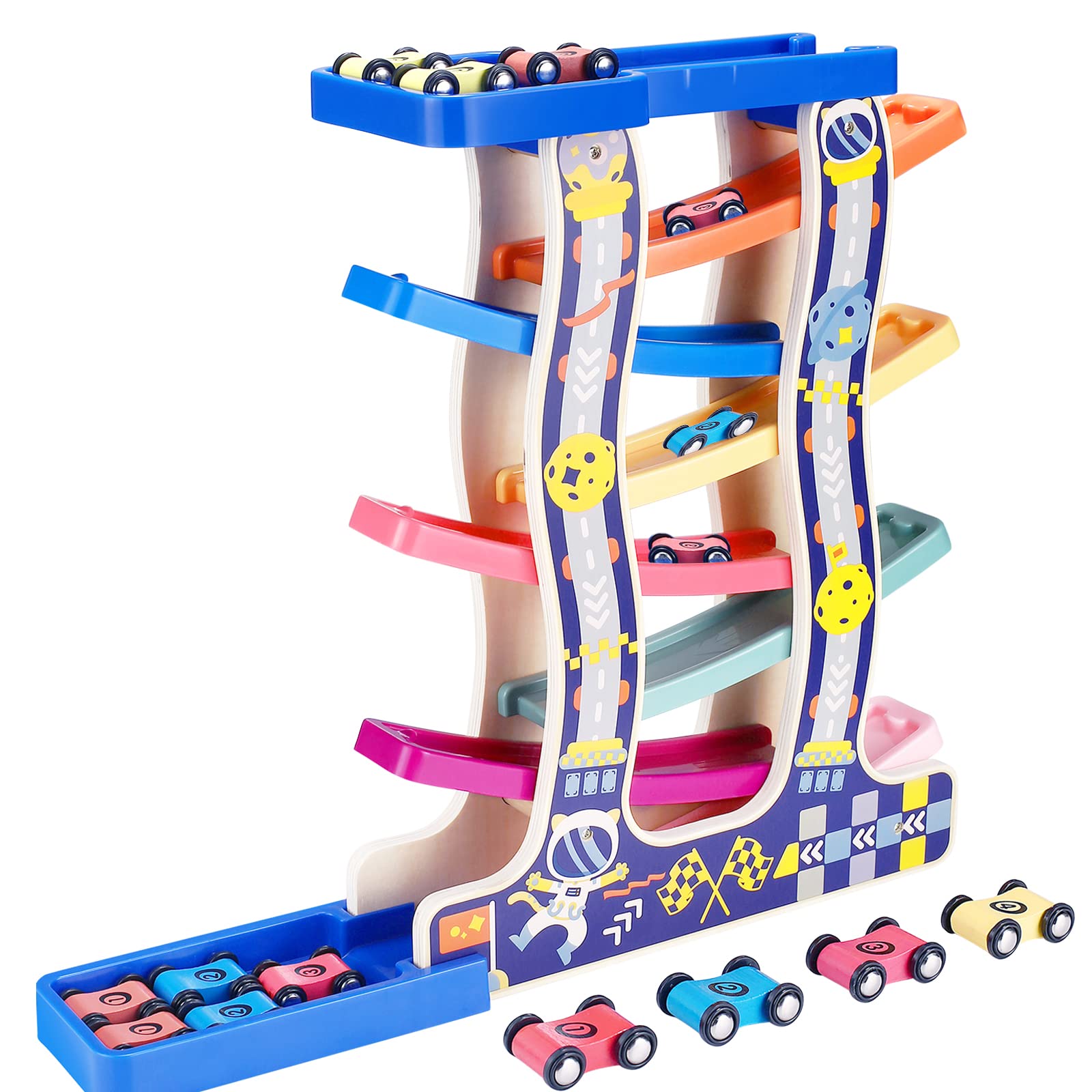 Tmgooyier Race Track for Toddlers 1-3, Montessori Wooden Toddlers Ramp Slide Developmental Toy Set with 8 Mini Cars and 7 Rainbow Track, Great for Baby Over 1 Year Old Boys Girls Child Birthday Gifts.