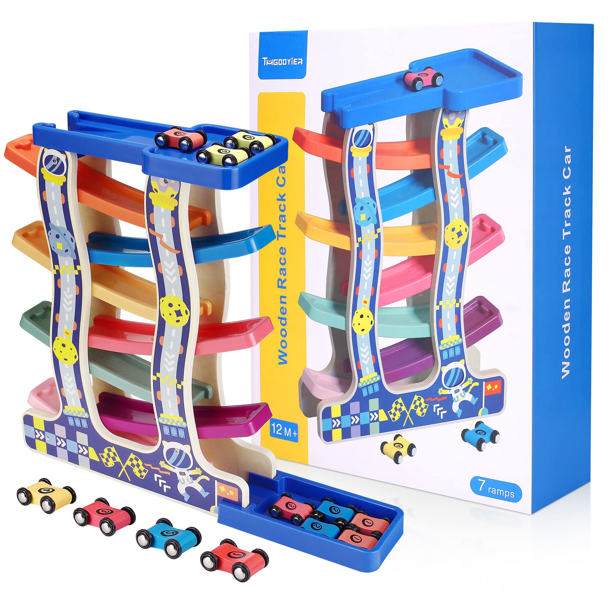 Tmgooyier Race Track for Toddlers 1-3, Montessori Wooden Toddlers Ramp Slide Developmental Toy Set with 8 Mini Cars and 7 Rainbow Track, Great for Baby Over 1 Year Old Boys Girls Child Birthday Gifts.