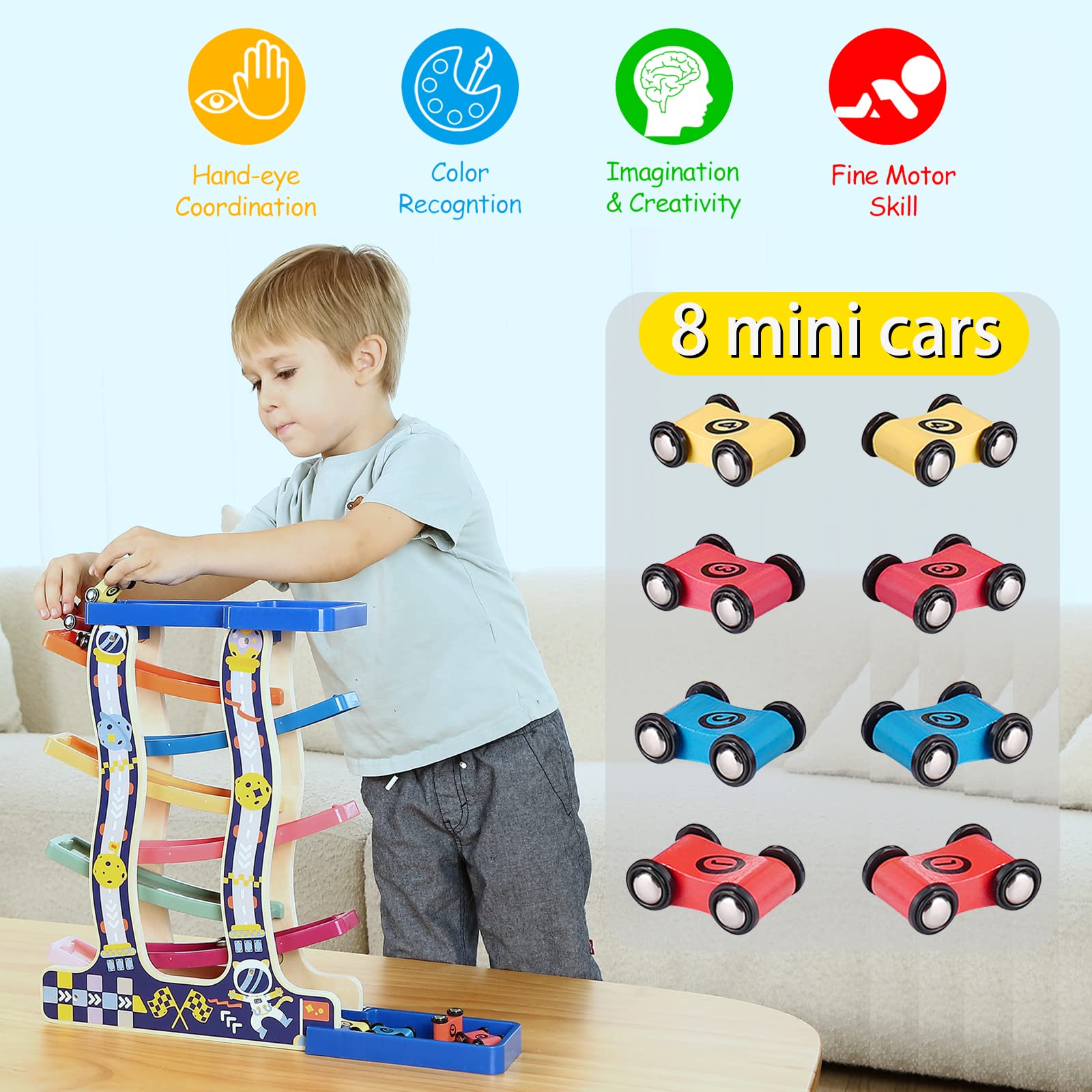 Tmgooyier Race Track for Toddlers 1-3, Montessori Wooden Toddlers Ramp Slide Developmental Toy Set with 8 Mini Cars and 7 Rainbow Track, Great for Baby Over 1 Year Old Boys Girls Child Birthday Gifts.