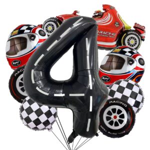 stcomart 8 pcs race car party decorations, black number 4 balloon checkered balloons tire balloons for boys 4th birthday