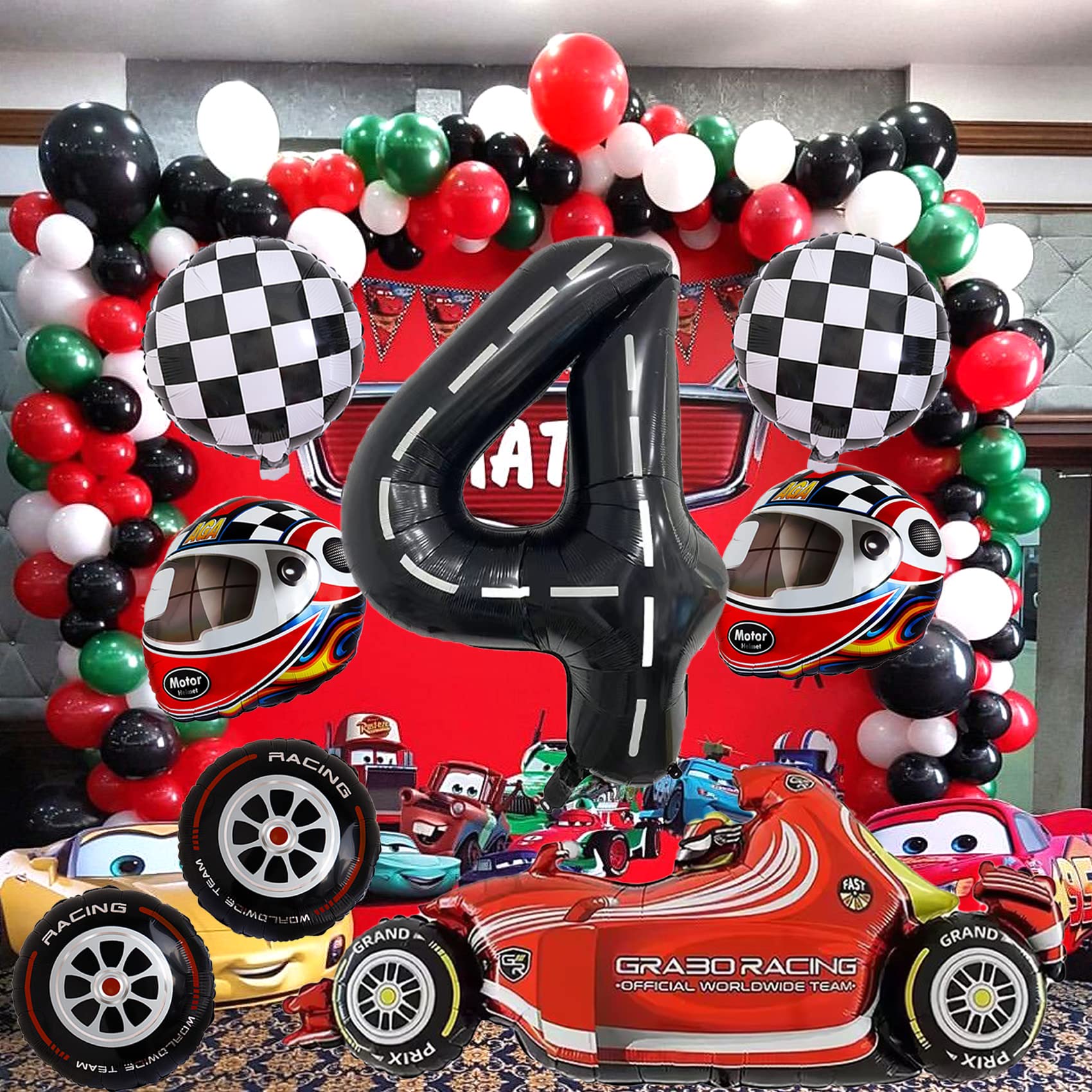 Stcomart 8 PCS Race Car Party Decorations, Black Number 4 Balloon Checkered Balloons Tire Balloons for Boys 4th Birthday