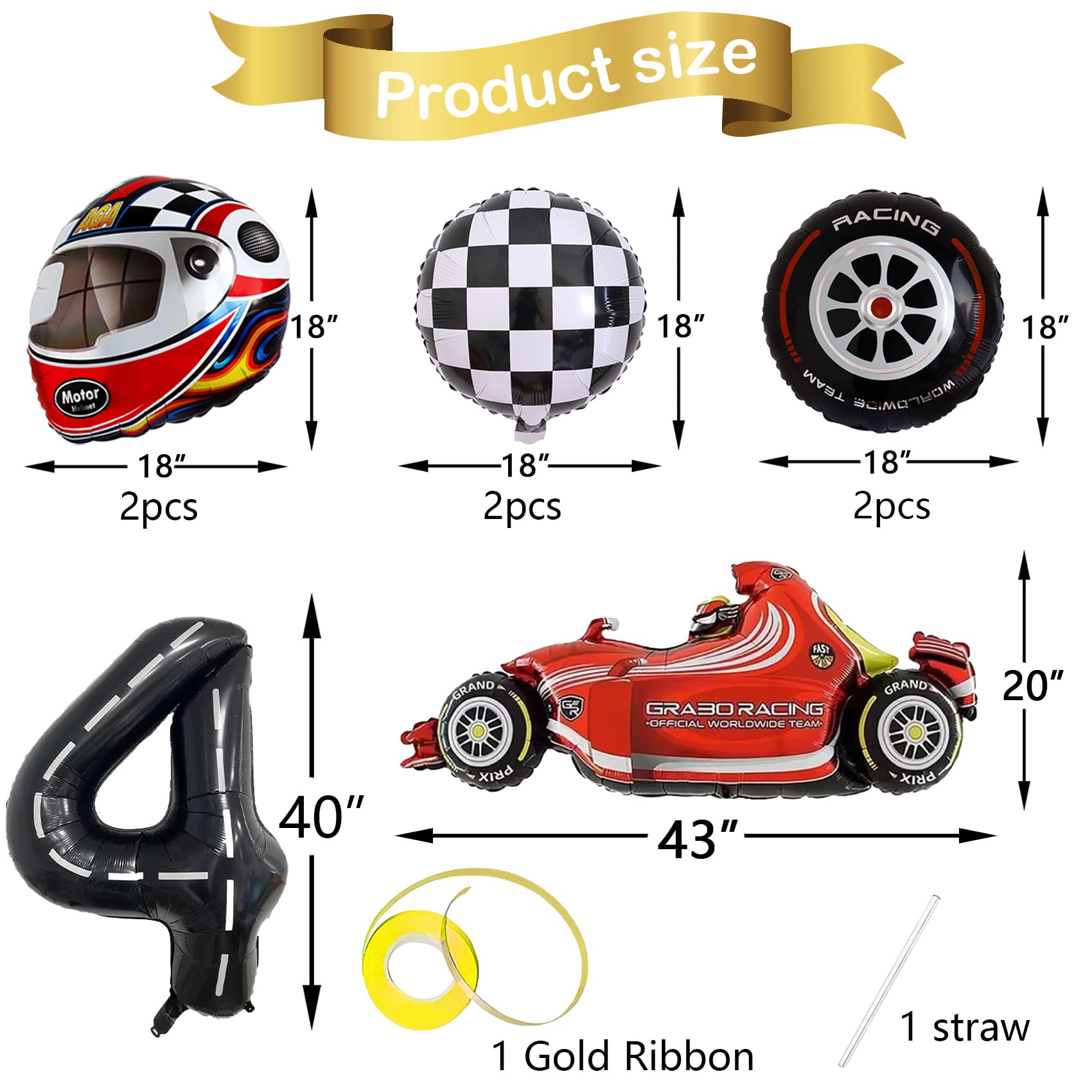 Stcomart 8 PCS Race Car Party Decorations, Black Number 4 Balloon Checkered Balloons Tire Balloons for Boys 4th Birthday