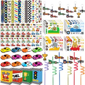 erweicet race car party favors 84 pcs mini race cars keychains slap bracelet stickers straws goody treat candy bags for kids birthday party classroom reward