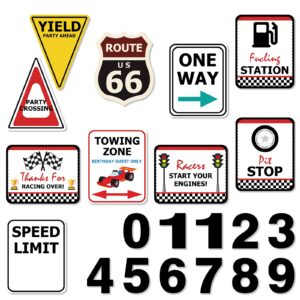 wernnsai checkered racing party decorations - 10pcs funny race car signs for boys paper road route traffic directions cutout signs party supplies