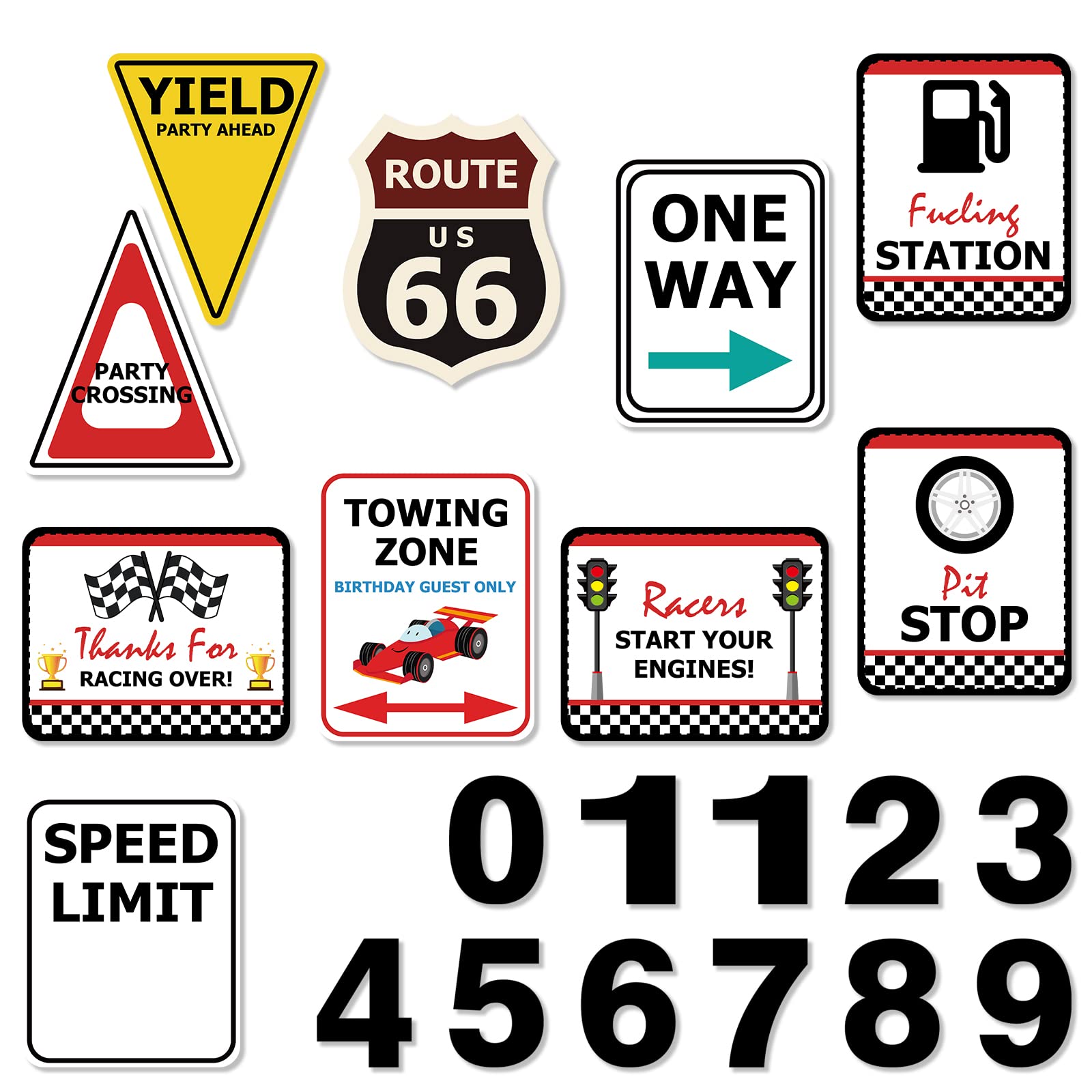 WERNNSAI Checkered Racing Party Decorations - 10PCS Funny Race Car Signs for Boys Paper Road Route Traffic Directions Cutout Signs Party Supplies