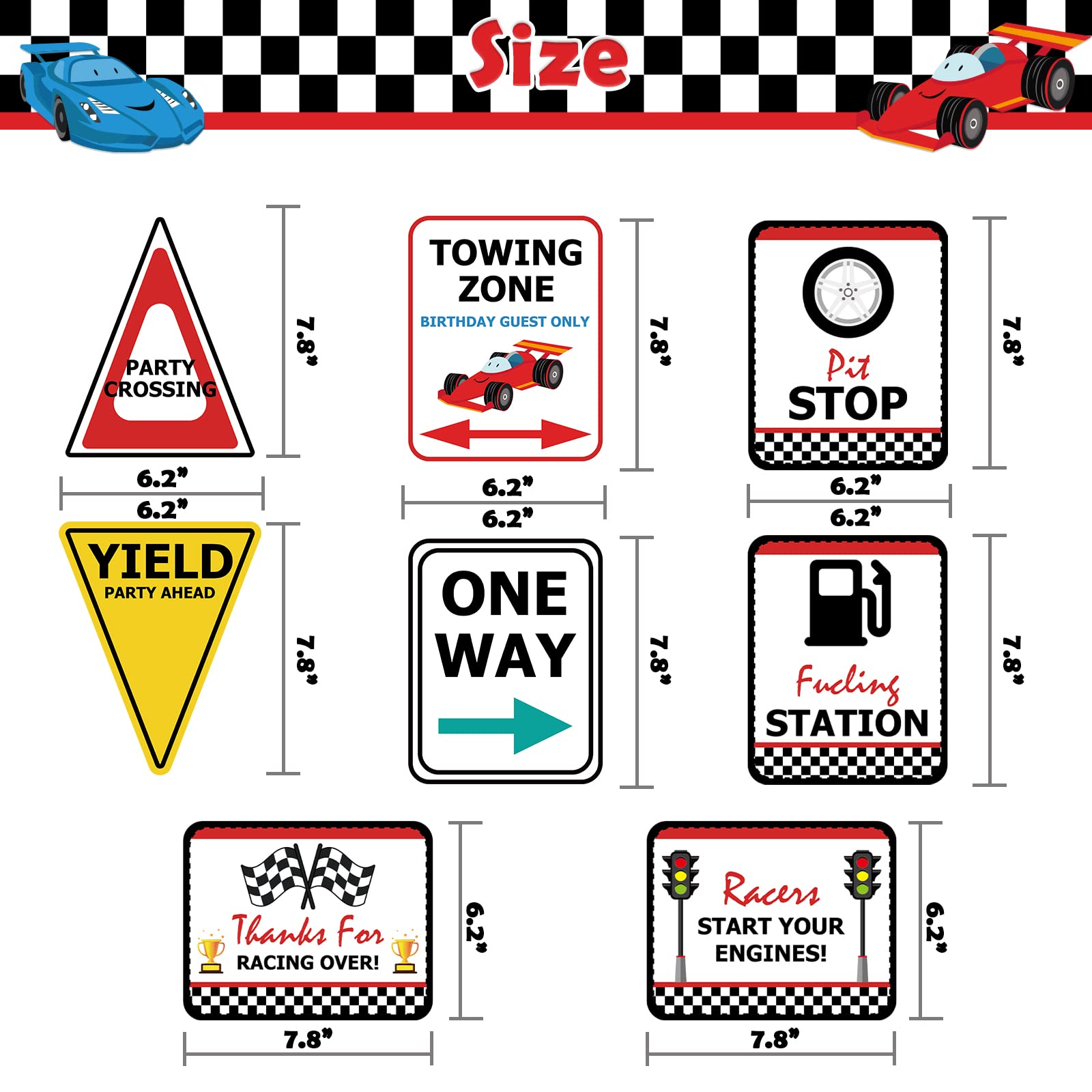 WERNNSAI Checkered Racing Party Decorations - 10PCS Funny Race Car Signs for Boys Paper Road Route Traffic Directions Cutout Signs Party Supplies