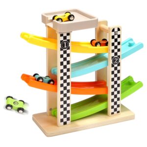 toddler toys for 1 2 year old boy and girl gifts wooden race track car ramp racer with 4 mini car