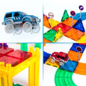 PicassoTiles 100 PCs Race Car Track Set Magnetic Toy Building Block with 2 LED Cars with Height Adjustable Roads Signs Education STEM Building Kit Learning Construction Fun for Boys & Girls Ages 3+