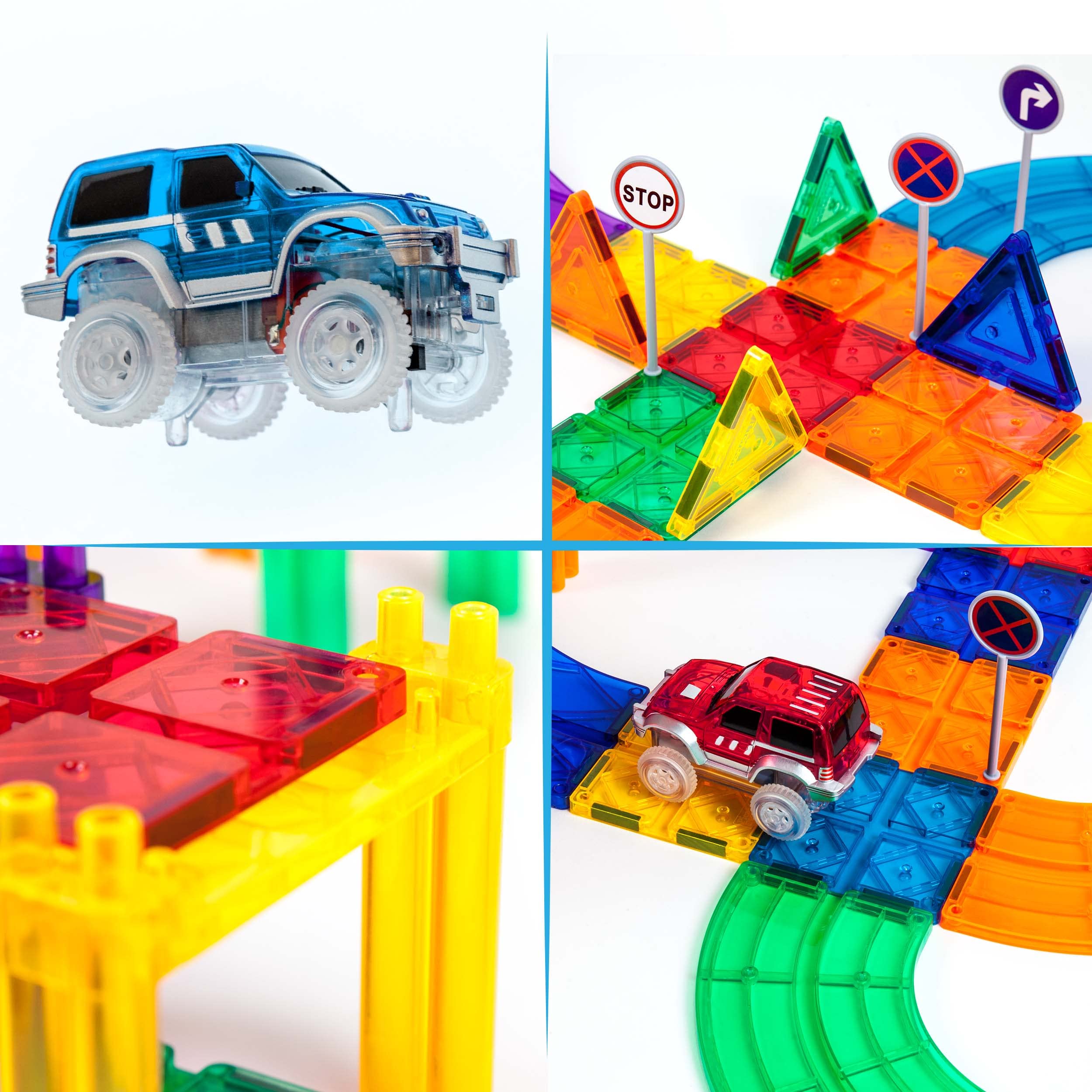 PicassoTiles 100 PCs Race Car Track Set Magnetic Toy Building Block with 2 LED Cars with Height Adjustable Roads Signs Education STEM Building Kit Learning Construction Fun for Boys & Girls Ages 3+