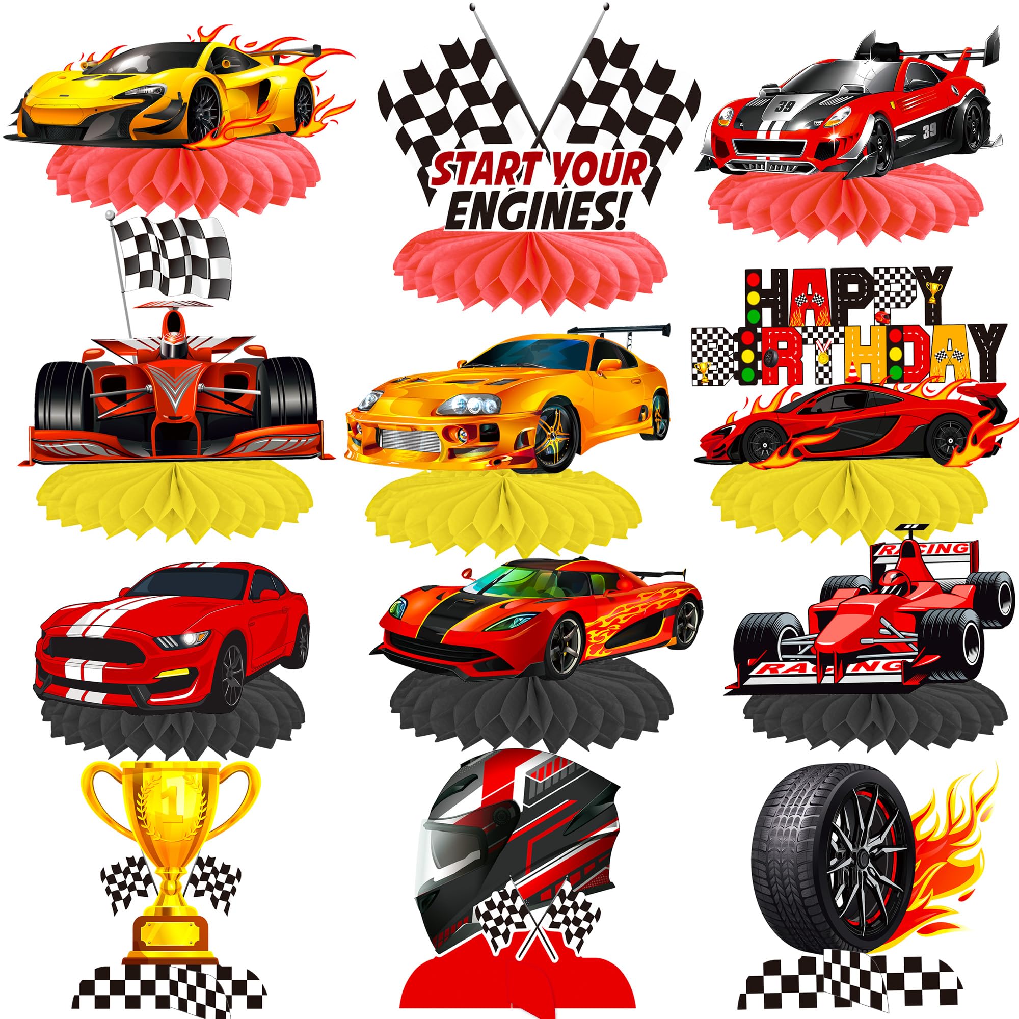 C L cooper life 12Pcs Race Car Birthday Centerpieces for Children Car Racing Decorations for Race Car Birthday Supplies Race Car Party Decor Cars Birthday Party Supplies