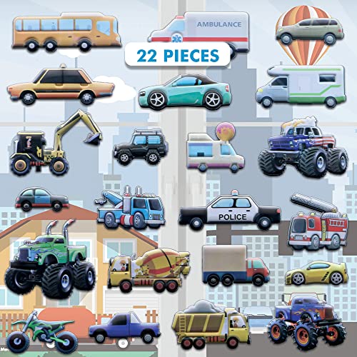 Cars and Trucks Window Clings for Kids & Toddlers (by Jesplay USA - Reusable Window Stickers Gels & Decals) Puffy Sticker Activites for Car Plane Home - Police, Race Cars, Monster, Tow, Fire Truck