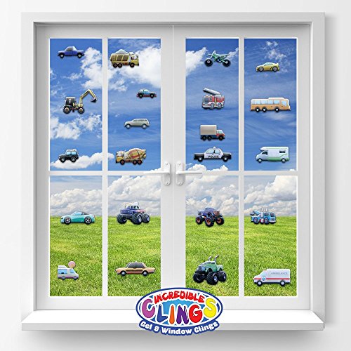 Cars and Trucks Window Clings for Kids & Toddlers (by Jesplay USA - Reusable Window Stickers Gels & Decals) Puffy Sticker Activites for Car Plane Home - Police, Race Cars, Monster, Tow, Fire Truck