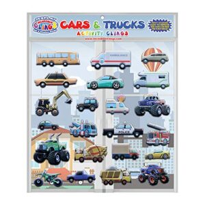 Cars and Trucks Window Clings for Kids & Toddlers (by Jesplay USA - Reusable Window Stickers Gels & Decals) Puffy Sticker Activites for Car Plane Home - Police, Race Cars, Monster, Tow, Fire Truck