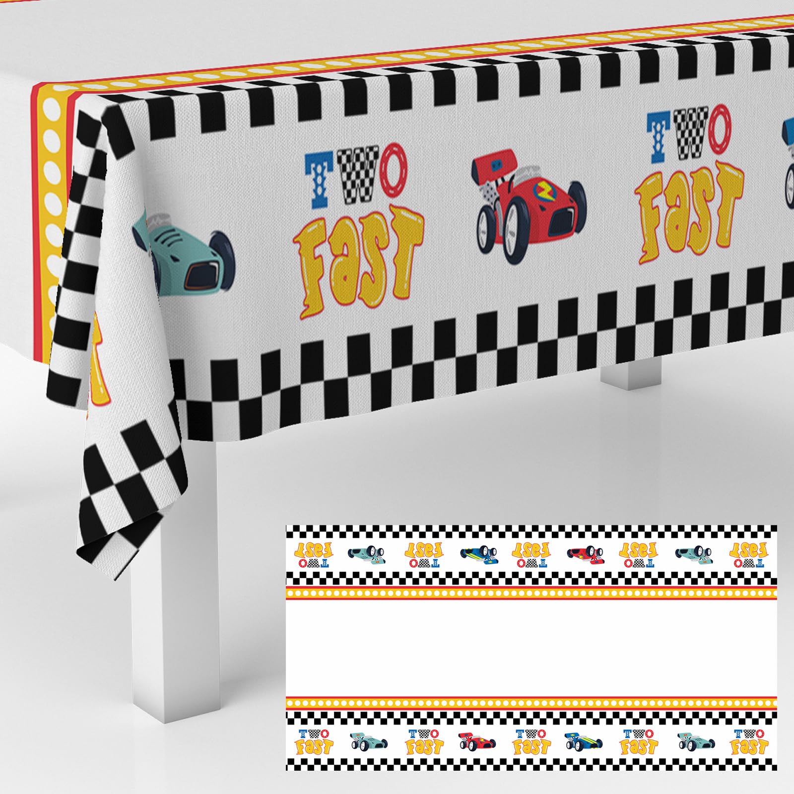 Two Fast Birthday Tablecloths Racing Car Theme Racetrack Number Checkered Table Cover Supplies for Boys 2nd Birthday Party Racing Car Theme Party Baby Shower Dining Room Kitchen Decor, 53" x 98"