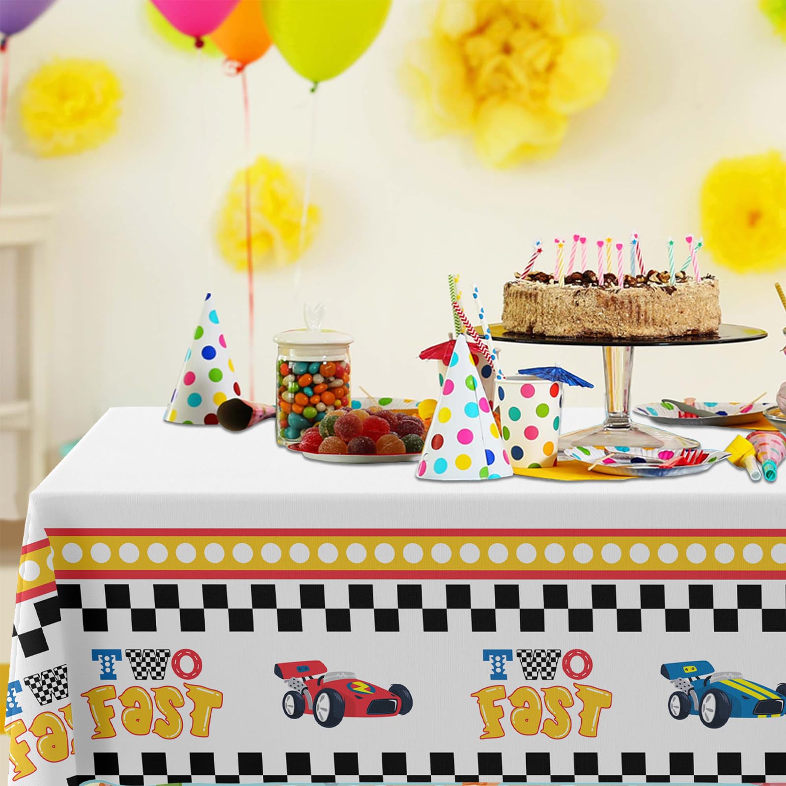 Two Fast Birthday Tablecloths Racing Car Theme Racetrack Number Checkered Table Cover Supplies for Boys 2nd Birthday Party Racing Car Theme Party Baby Shower Dining Room Kitchen Decor, 53" x 98"