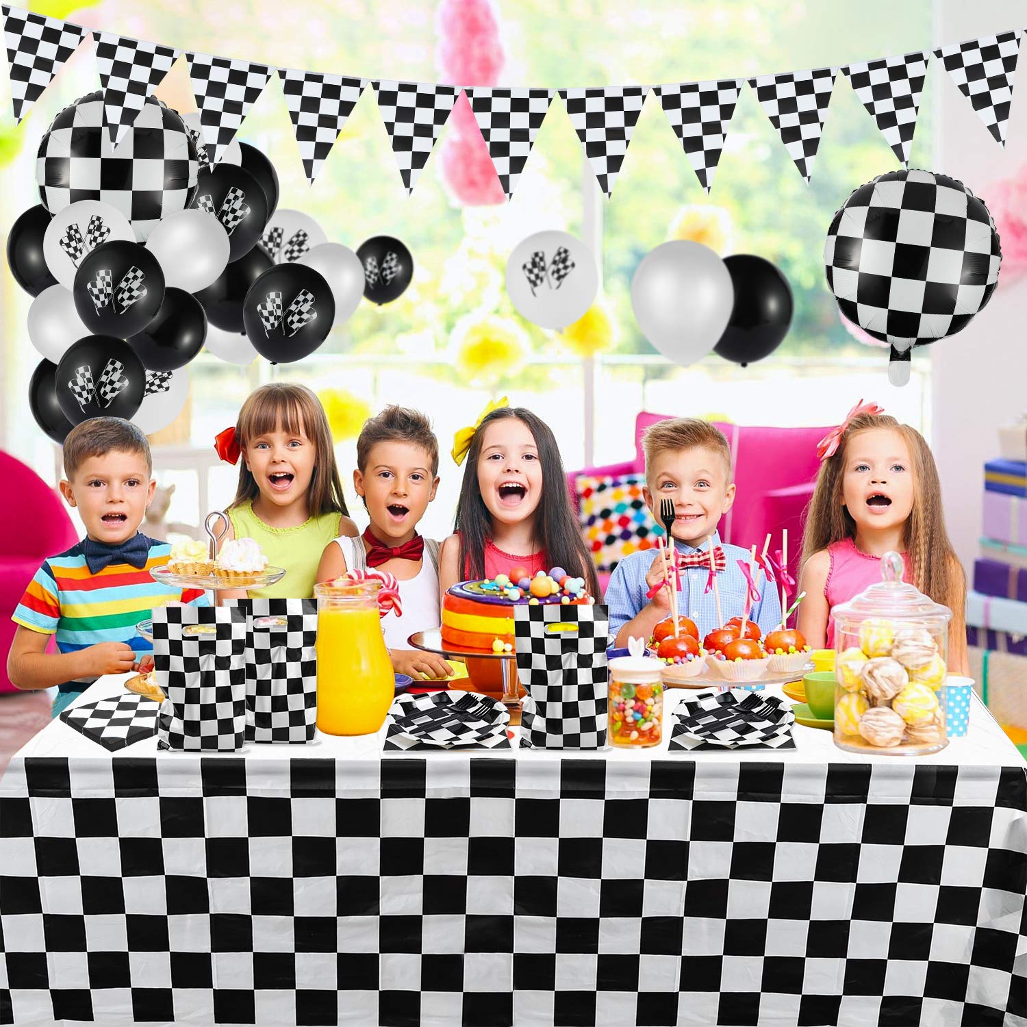 BeYumi 127Pack Race Car Checkered Party Supplies Decoration Kit, Including Banner Pennant Balloons Tablecloth Tableware Goodies Gift Bags, Black and White Party Decorations Pack, Serves 20 Guests