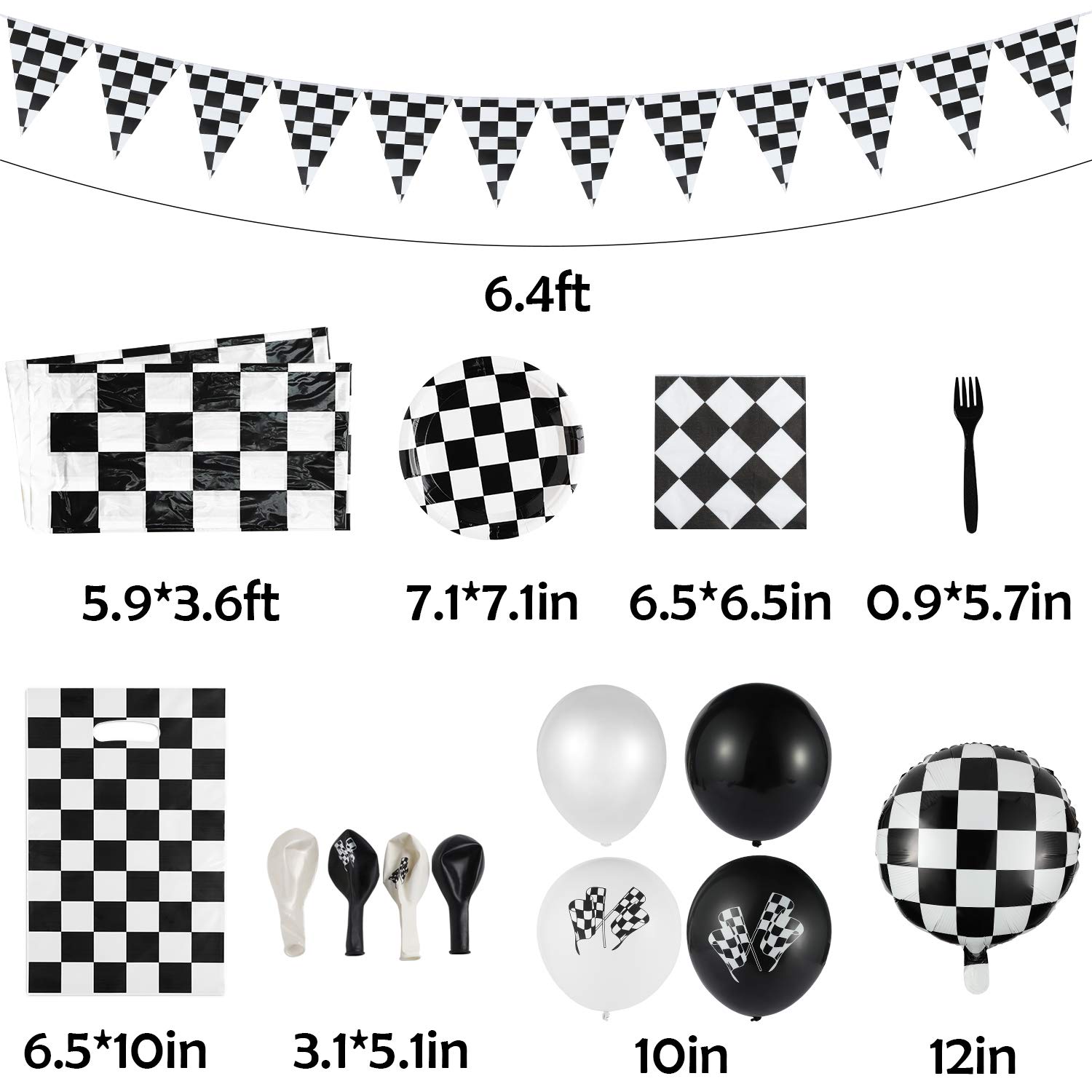 BeYumi 127Pack Race Car Checkered Party Supplies Decoration Kit, Including Banner Pennant Balloons Tablecloth Tableware Goodies Gift Bags, Black and White Party Decorations Pack, Serves 20 Guests