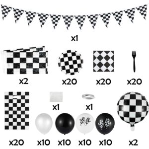 BeYumi 127Pack Race Car Checkered Party Supplies Decoration Kit, Including Banner Pennant Balloons Tablecloth Tableware Goodies Gift Bags, Black and White Party Decorations Pack, Serves 20 Guests