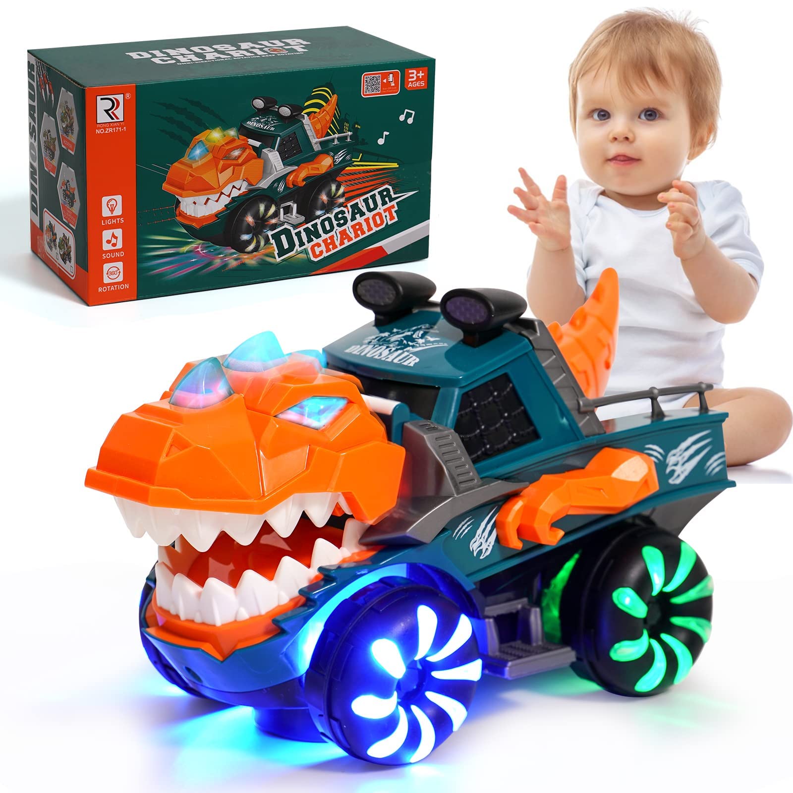 KidsMind Dinosaur Monster Truck for Baby Boy Music and Light Up Toy for Toddlers 1-3,Battery Powered Dino Trucks Toy Ideas for 2 3 4 Year Old Boys Birthday Party