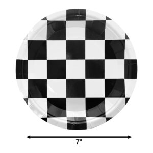 CIEOVO 50 Count Disposable Black and White Checkered Party Plates Racing Car Party Dinner Dessert Plates for Racing Race Sports Theme Birthday Baby Shower Party Supplies