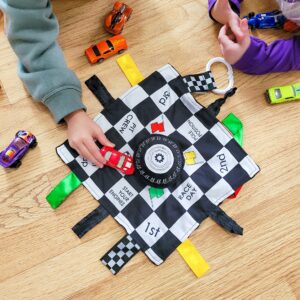 Baby Jack & Co 10x10” Racing Sports Lovey Sensory Plush Blanket - Tag Toy for Babies - Baby Stroller Toys - Learn Shapes, Letters & Colors - MVP Baby Tire Toy & Baby Sports Gift w/Stroller Clip