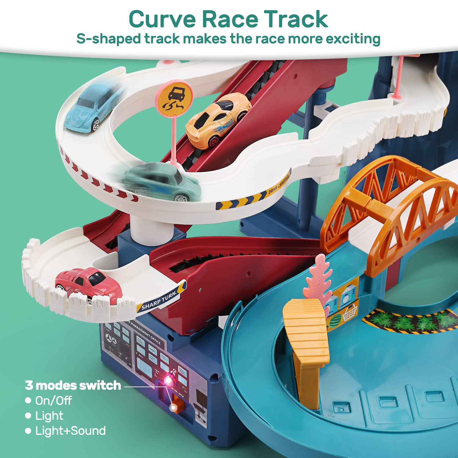 CUTE STONE Race Track Playset with 4 Mini Cars, 4 Dino Pull Back Cars, Dinosaur Figures, Educational Toy Vehicle Playset for 3-5 Year Old Kids