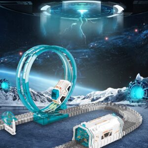 VANLINNY Space Toys for Kids, 204PCS Train Toys for Boys 6-8 with 1 Mini Star Projector, 1 Light Up Car and 2 Astronaut Dolls, Flexible Race Track Birthday Xmas Gifts Set for Girls Boys 4-7