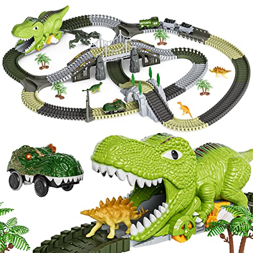 TUMAMA Dinosaur Toys Race Track, 281 Pcs Dinosaur Train Set for Kids 3-5 5-7, Flexible Train Tracks with 4 Dinosaurs Figures, 2 Electric Race Cars with Light, Create A Dinosaur Road Race for Toddlers