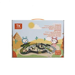 TUMAMA Dinosaur Toys Race Track, 281 Pcs Dinosaur Train Set for Kids 3-5 5-7, Flexible Train Tracks with 4 Dinosaurs Figures, 2 Electric Race Cars with Light, Create A Dinosaur Road Race for Toddlers