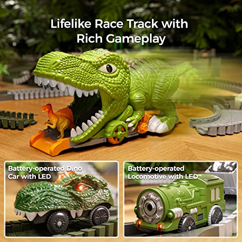 TUMAMA Dinosaur Toys Race Track, 281 Pcs Dinosaur Train Set for Kids 3-5 5-7, Flexible Train Tracks with 4 Dinosaurs Figures, 2 Electric Race Cars with Light, Create A Dinosaur Road Race for Toddlers