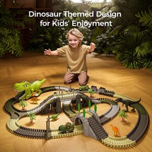 TUMAMA Dinosaur Toys Race Track, 281 Pcs Dinosaur Train Set for Kids 3-5 5-7, Flexible Train Tracks with 4 Dinosaurs Figures, 2 Electric Race Cars with Light, Create A Dinosaur Road Race for Toddlers