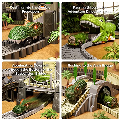 TUMAMA Dinosaur Toys Race Track, 281 Pcs Dinosaur Train Set for Kids 3-5 5-7, Flexible Train Tracks with 4 Dinosaurs Figures, 2 Electric Race Cars with Light, Create A Dinosaur Road Race for Toddlers