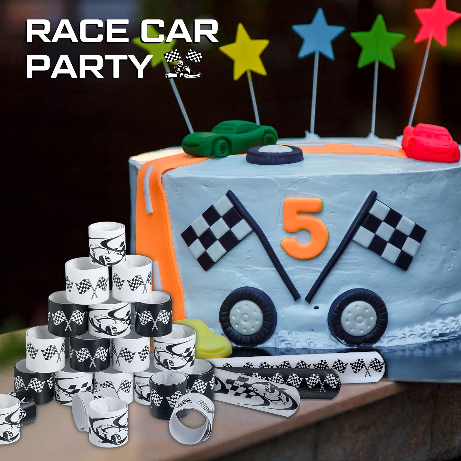 48 Pcs Race Car Party Favors Car Slap Bracelets, Racing Checkered Flag Slap Bracelet for Kids Adults Speed Car Party Birthday Classroom Prizes Exchanging Gifts Sports Events Supplies