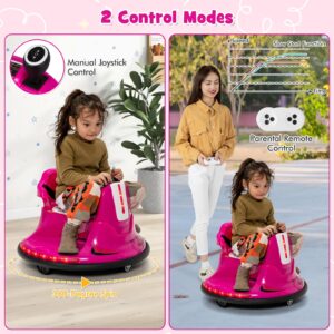 Costzon 12V Kids Ride On Bumper Car, Electric Bumper Car w/Dual Joysticks, Remote Control, 360° Spin, Slow Start Function, LED Lights & Fun Music, Adjustable Safety Belt, Soft Bumper (Pink)