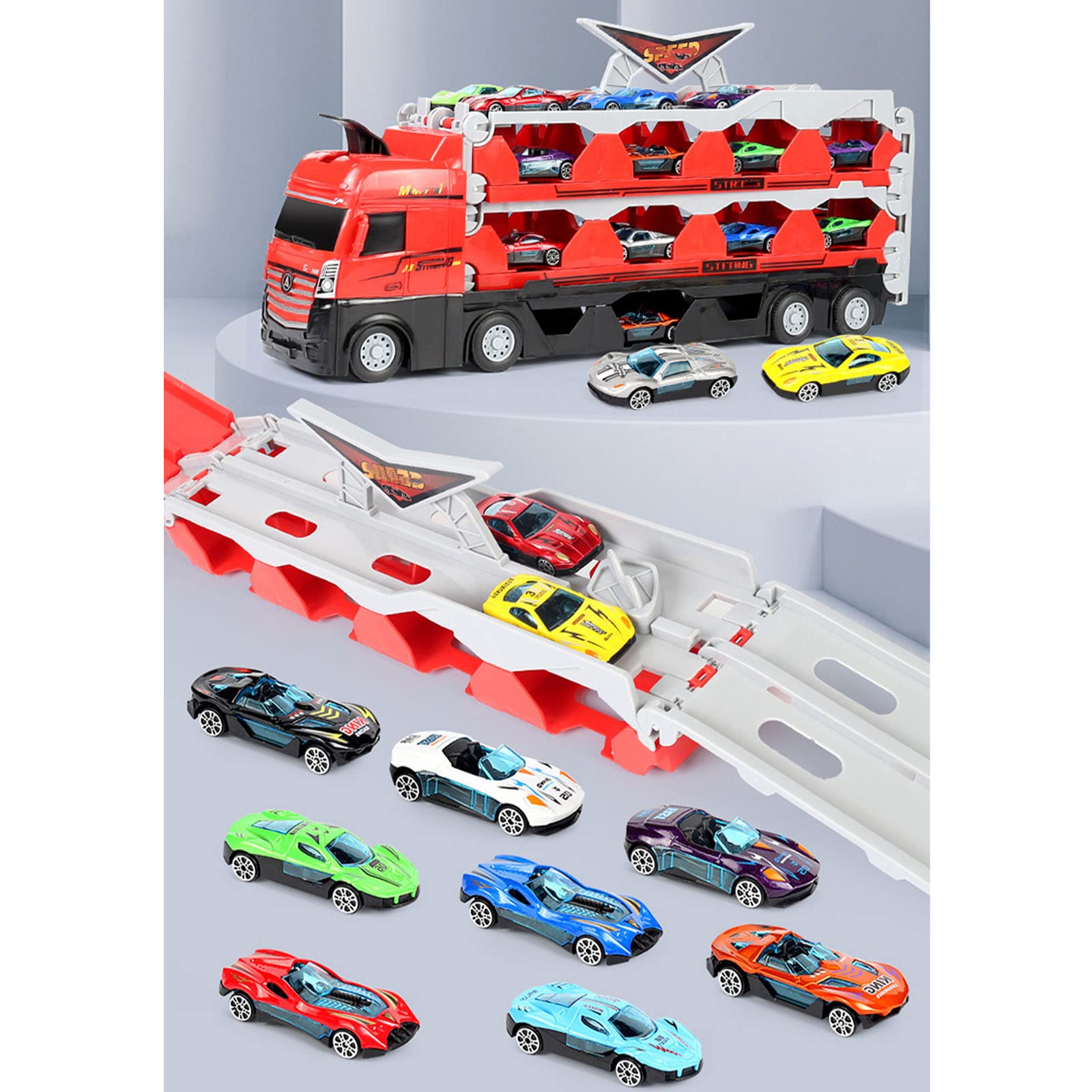 Peticehi Mega Hauler Truck with Ejection Race Track, Kids Deform Catapulting and Shooting Big Truck Folding Storage Transporter Toy, Toy Truck Transporter Car Carrier for Kids 3+ Years Old (8 Car)